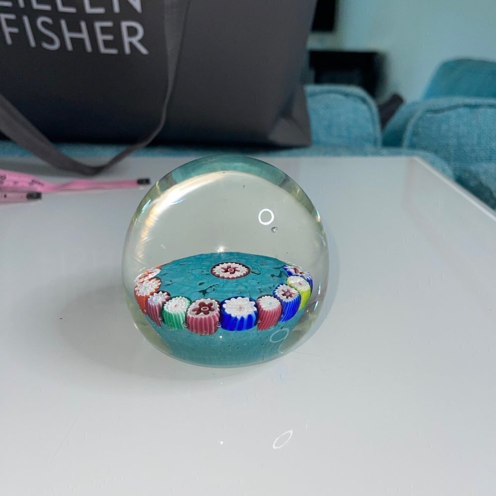 Vintage Millefiori Art Glass Turquoise Multicolor Paperweight Collectible - Picture 12 of 15